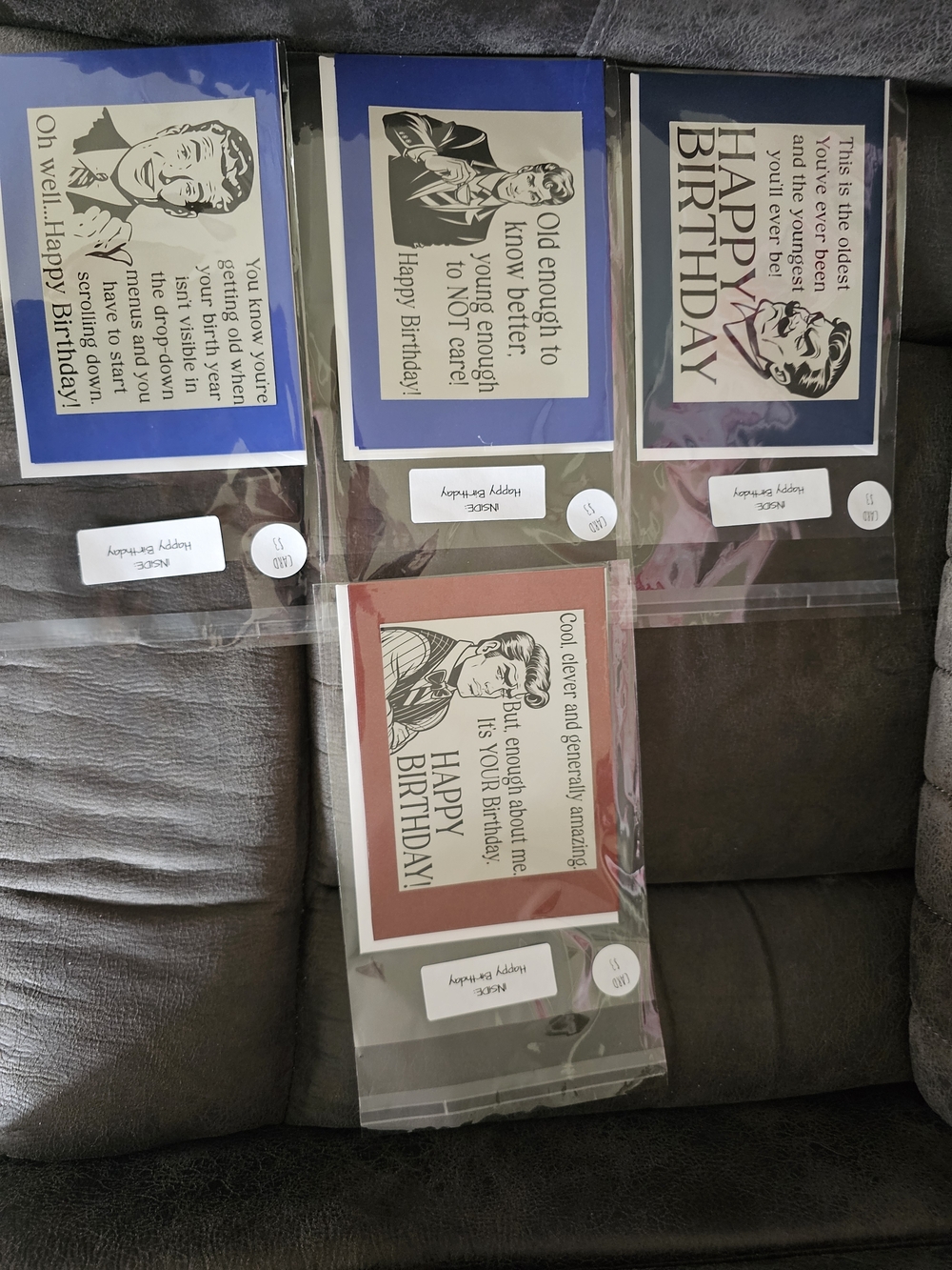 Vintage Humor Birthday Cards - Assorted Blue, Purple, Red, Cream Set Of 4